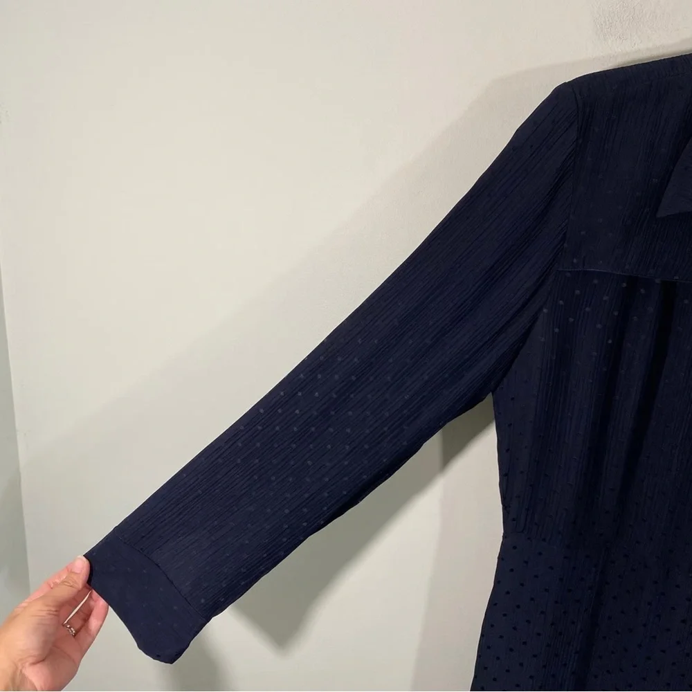 Sandro Paris Navy Swiss Dot Pleated Midi Shirt Dress Scallop Yoke 12 - Picture 9 of 15